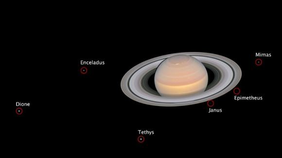 This composite image, taken by the NASA/ESA Hubble Space Telescope on 6 June 2018, shows the ringed planet Saturn with six of its 62 known moons. Image: NASA, ESA, A. Simon (GSFC) and the OPAL Team, and J. DePasquale (STScI)