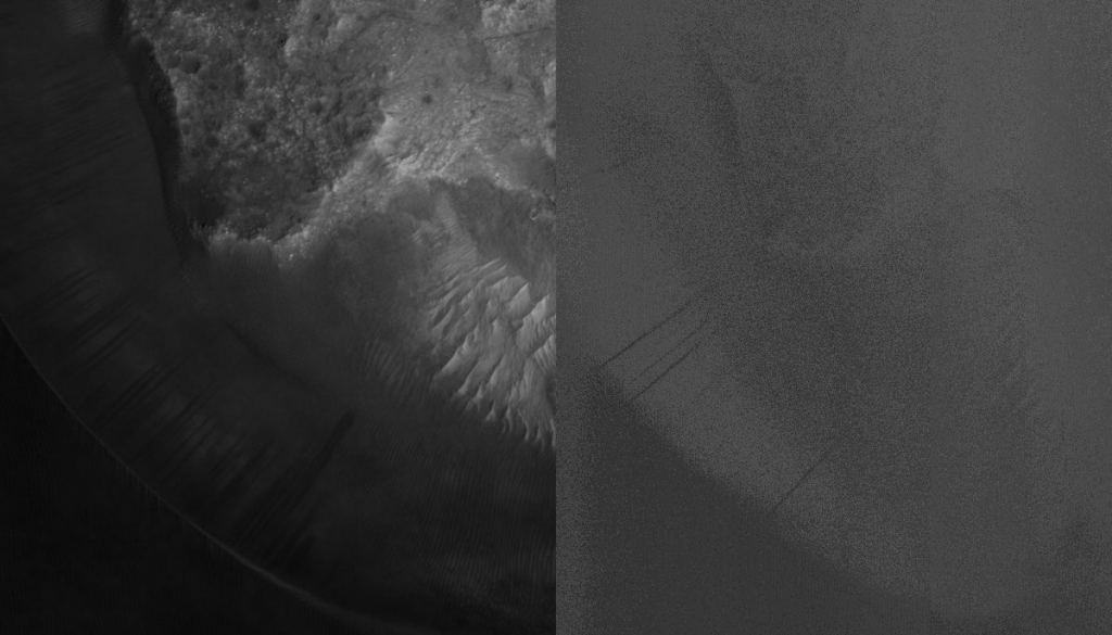 This image from the HiRise camera on the MRO shows a crater on Mars. On the left is the crater before the global Martian dust storm, and on the right is the same crater during the storm. Image: NASA/JPL/University of Arizona