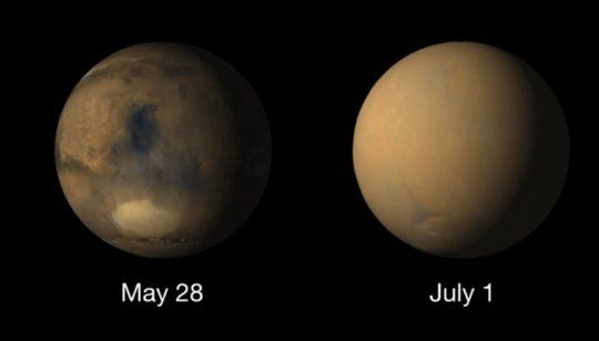 A tiny electric motor on the Curiosity rover was one of the first instruments to notice a global Martian dust storm. The storm completely obscured the surface of Mars. Images from May 28 and July 1. Credit: NASA/JPL-Caltech/MSSS