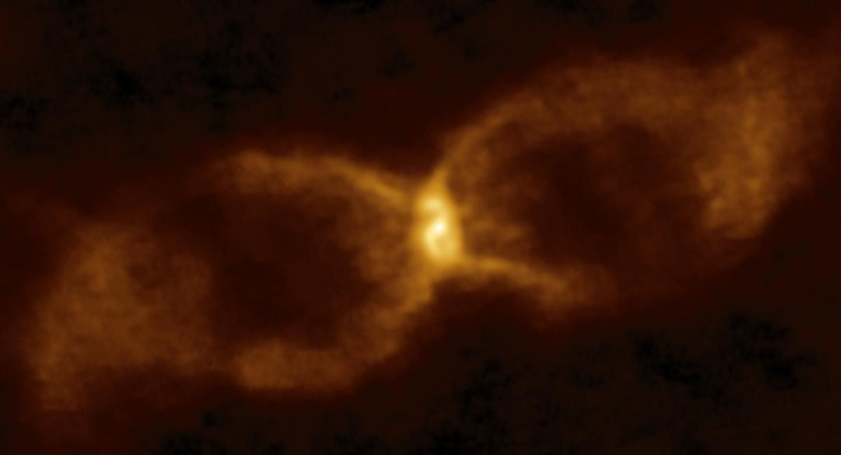 This hourglass-shaped figure is named CK Vulpeculae. It was discovered by French Monk-Astronomer Per Dom Anthelme in 1670. A new study identifies it as the remnant of a collision between a white dwarf and a brown dwarf. Image Credit: ALMA (ESO/NAOJ/NRAO)/S. P. S. Eyres