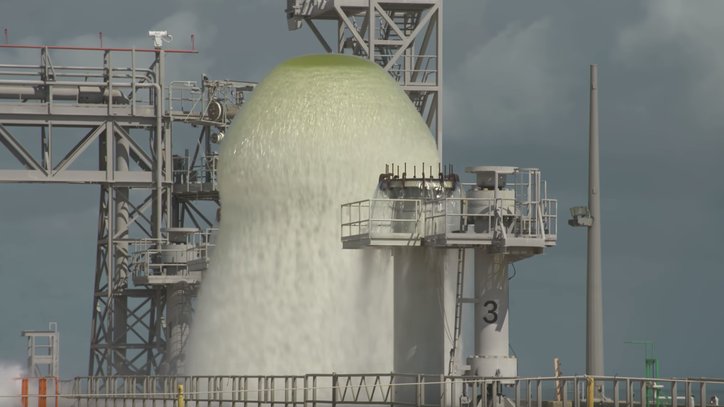 The suppression system at Launch Pad 39B releases almost a half-million gallons of water to protect the SLS during launch. Image Credit: NASA/Kim Shiflett