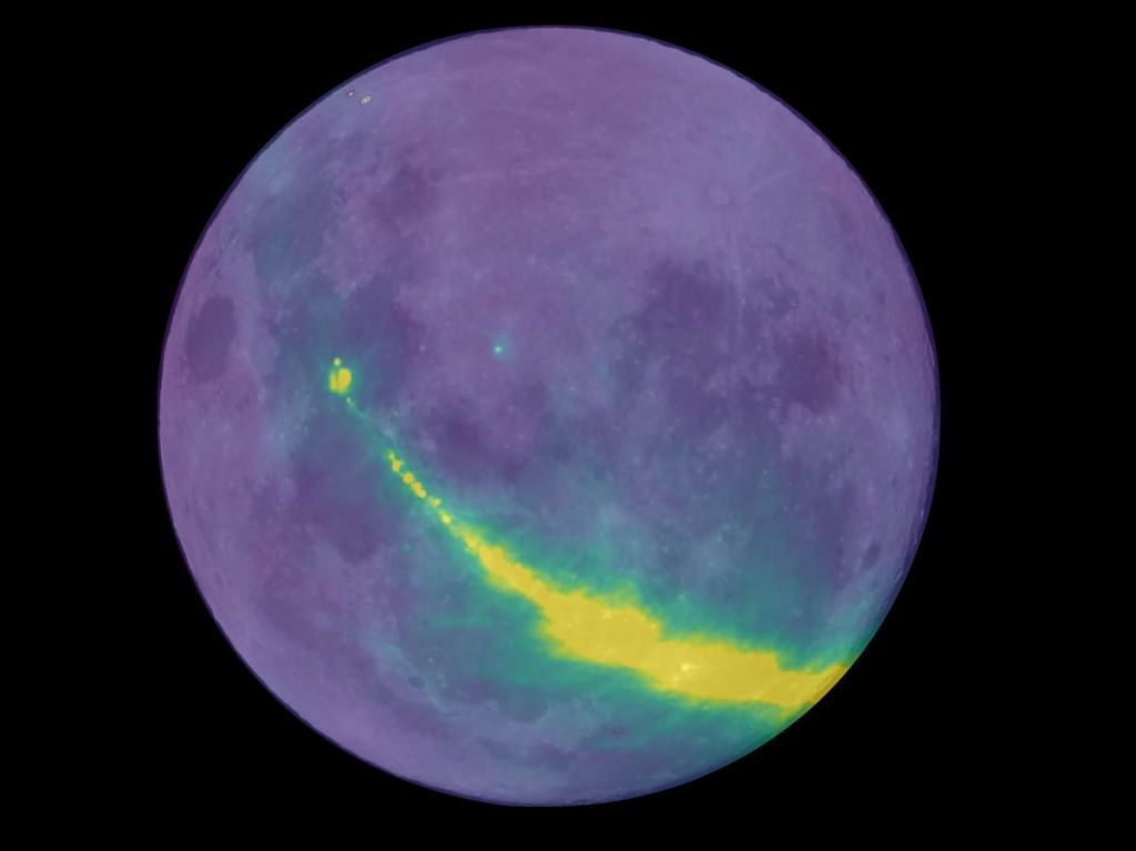 Radio waves from our galaxy, the Milky Way, reflecting off the surface of the Moon. Image Credit: Dr Ben McKinley, Curtin University/ICRAR/ASTRO 3D. Moon image courtesy of NASA/GSFC/Arizona State University.
