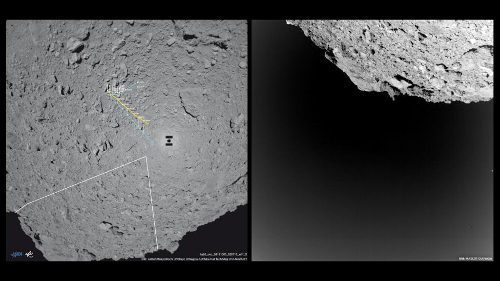 The MASCAM camera captured the image on the right during MASCOT descent to Ryugu. The white triangle in the left image shows the area covered by the image on the right. Scientist's are puzzled by the lack of fine dust and rock on the asteroid. Image Credit: MASCOT/DLR/JAXA