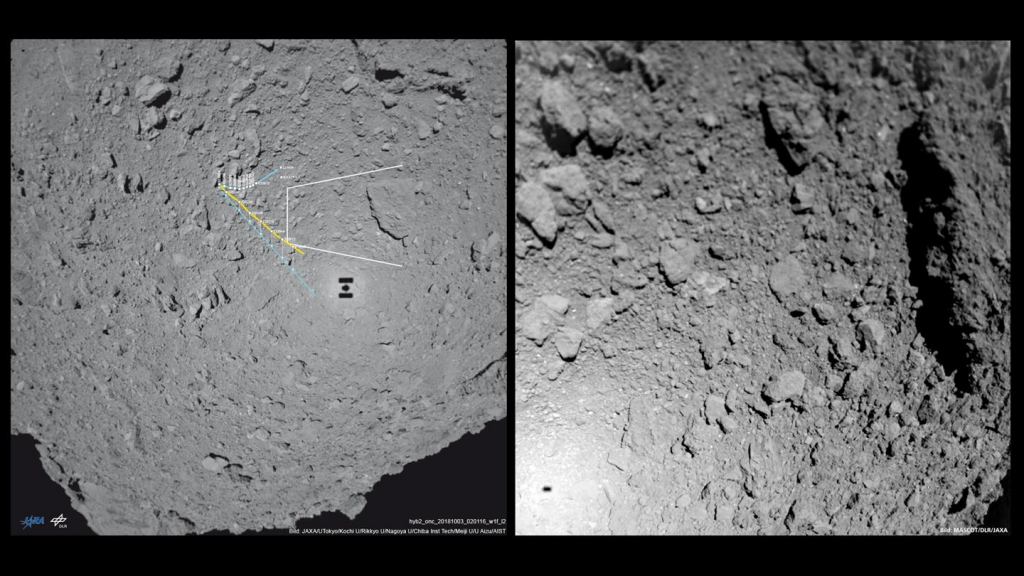 MASCAM captured the image on the right as it tumbled toward Ryugu's surface. A huge boulder tens of meters wide casts a dark shadow. The image on the left contains a white open trapezoid, showing the direction of the image on the right. Image: MASCAM/DLR/JAXA