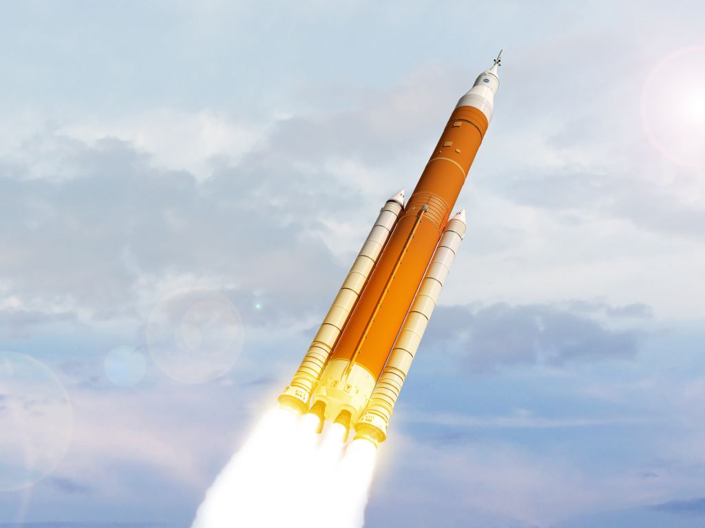 An artist's illustration of the SLS (Block 1B configuration) after launch. Image Credit: NASA