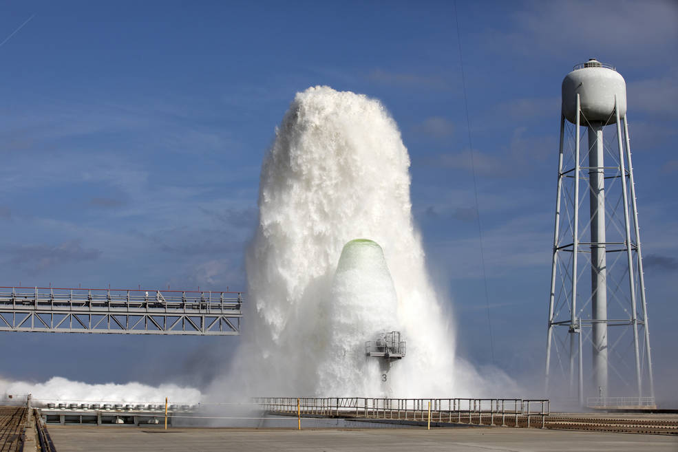 The IOP/SS system deploys almost a half-million gallons of water in one minute to protect the SLS during launch. Image Credit: NASA