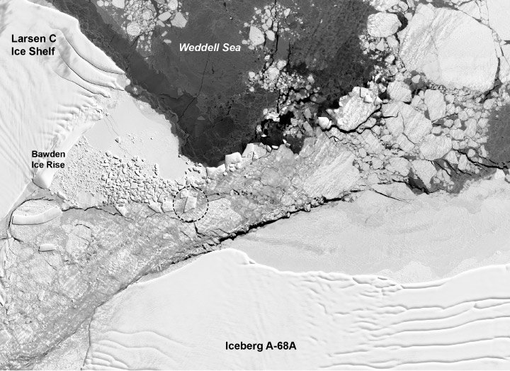 This Landsat-8 image from October 18th shows a field of geometric ice rubble including the rectangular iceberg, now a trapezoid. Image: Landsat-8