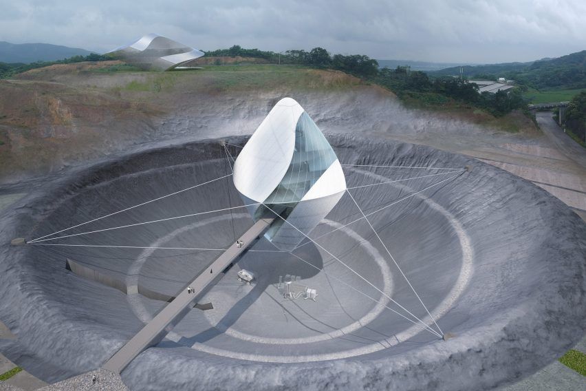 The robotics research center will be suspended 18 meters above the man-made "crater", which is actually an old mine site. Image: Clouds Architecture Office.