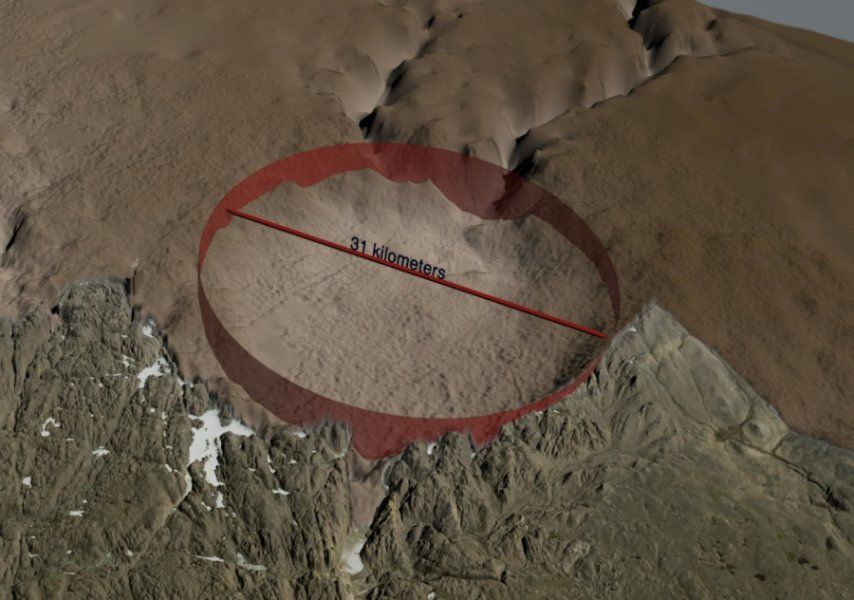 The newly-discovered crater is 31 km. across, larger than Paris. Image: NASA's Goddard Space Flight Center.