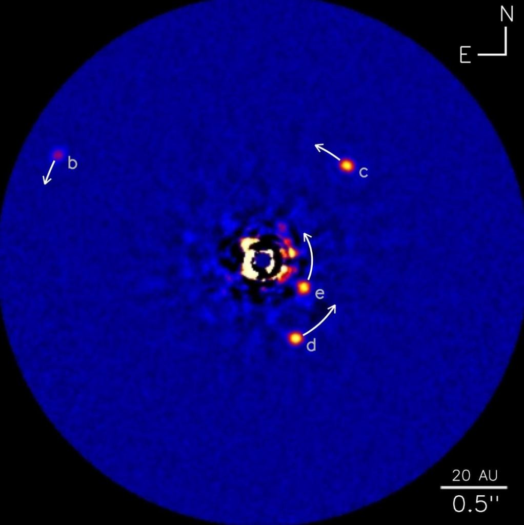 The HR 8799 system contains the first exoplanet be directly imaged. Image Credit: NRC-HIA/C. MAROIS/W. M. KECK OBSERVATORY