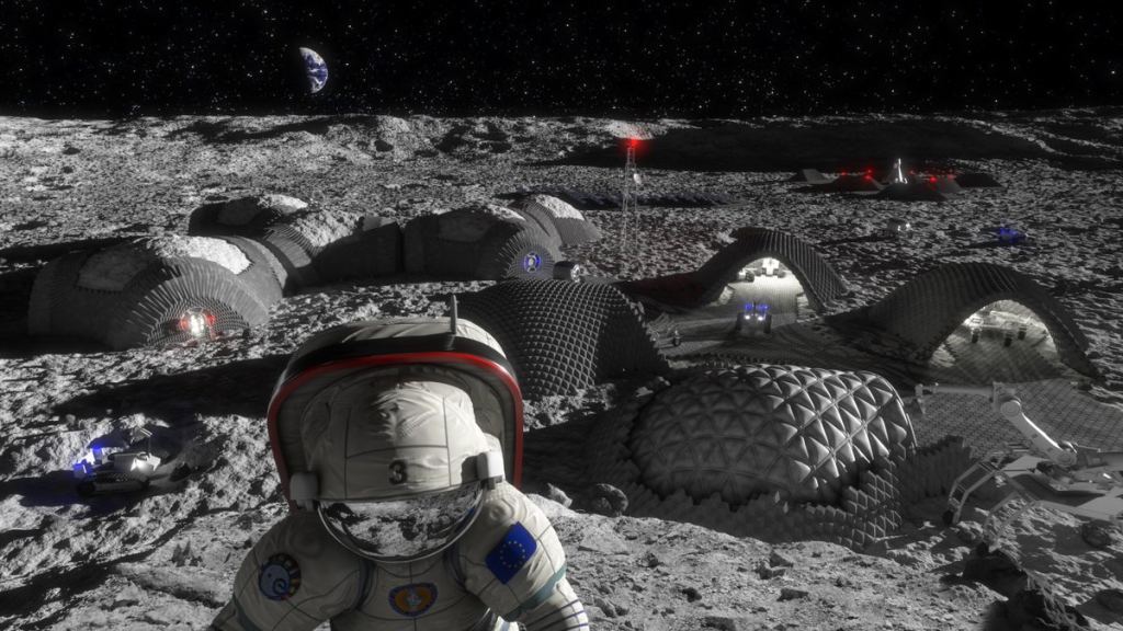 An illustration of a Moon base that could be built using 3D printing and ISRU, In-Situ Resource Utilization. Credit: RegoLight, visualisation: Liquifer Systems Group, 2018