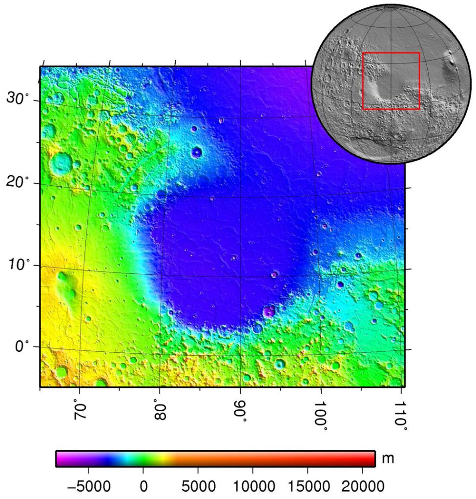 A topographical map of Isidis Planitia. Image Credit: Martin Pauer (Power) - plotted using GMT and gridded MOLA data archive meg0031t.grd, Public Domain, https://commons.wikimedia.org/w/index.php?curid=1318564