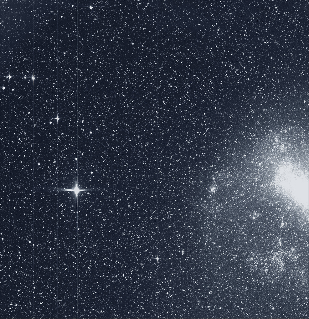 This is TESS's First Light image. On the left is the star R Doradus, and on the right is the Large Magellanic Cloud. Image: By NASA/MIT/TESS 