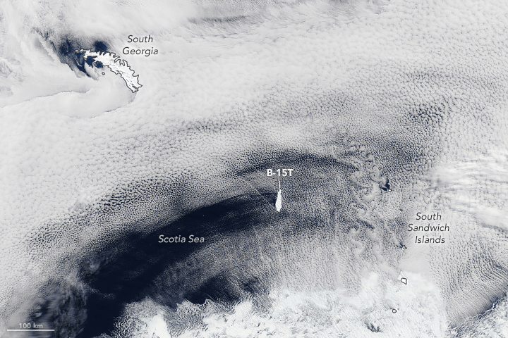 This image of iceberg B15-T was captured by the MODIS instrument on NASA’s Terra satellite. Image Credit: Lauren Dauphin and Jeff Schmaltz, using MODIS data from NASA EOSDIS/LANCE and GIBS/Worldview.