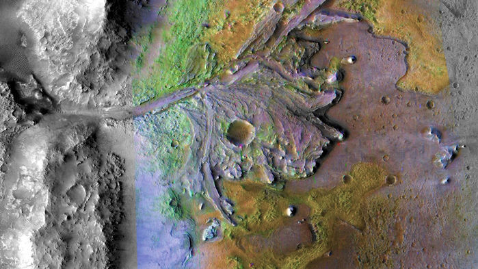 Orbital picture of the Jezero crater, showing its fossil river delta. The colours represent different minerals that have been chemically altered by water. Credit: NASA/JPL/JHUAPL/MSSS/BROWN UNIVERSITY