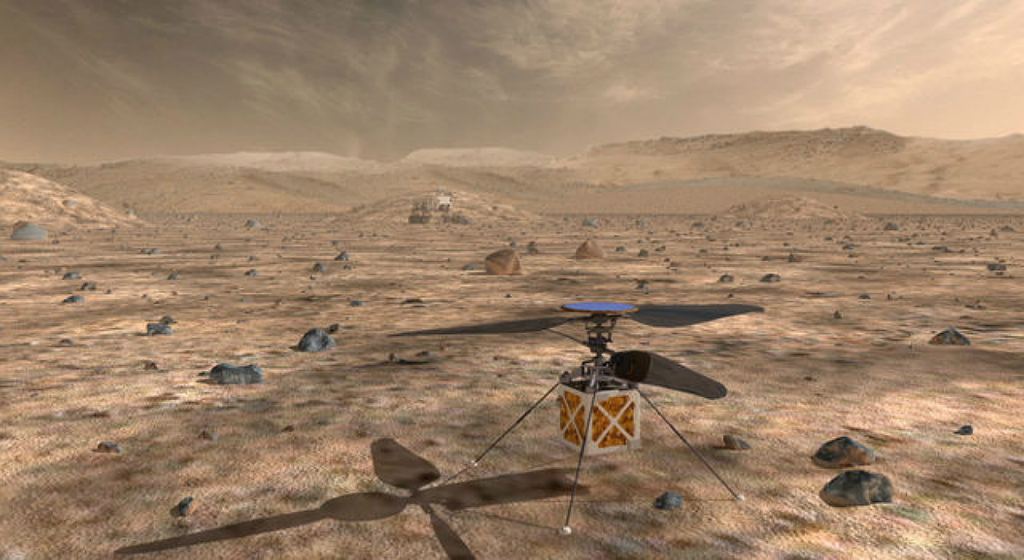 An artist's illustration of the Mars Helicopter sitting on the Martian surface. Image: NASA/JPL-Caltech