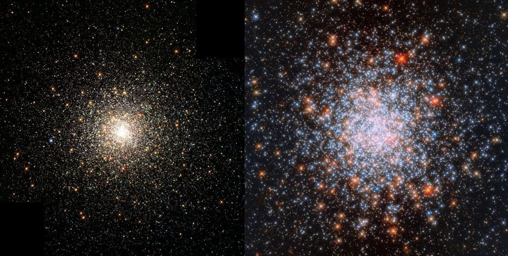 Most globular clusters, like M80 on the left, contain stars of uniform ages. It's stars are all older, orange/red Population II stars. But NGC 1866, on the right, also contains blue, hot young stars. Image: NASA, The Hubble Heritage Team, STScI, AURA (left image) and ESA/Hubble & NASA (right image.)