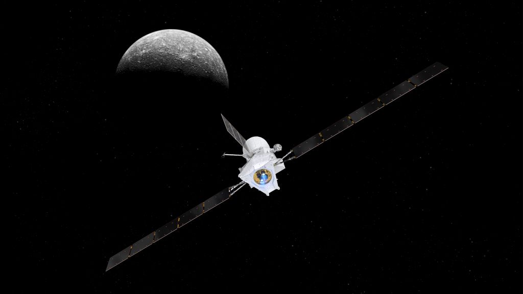 An artist's impression of the BepiColombo spacecraft as it approaches Mercury at the end of its 7 year journey. Image: spacecraft: ESA/ATG medialab; Mercury: NASA/JPL