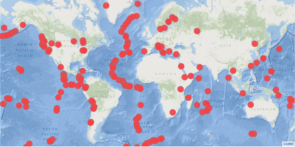 In this image, each red dot is the location of a DCO field study. Visit the DCO website to click on the locations and explore life deep inside the Earth. Image: DCO.