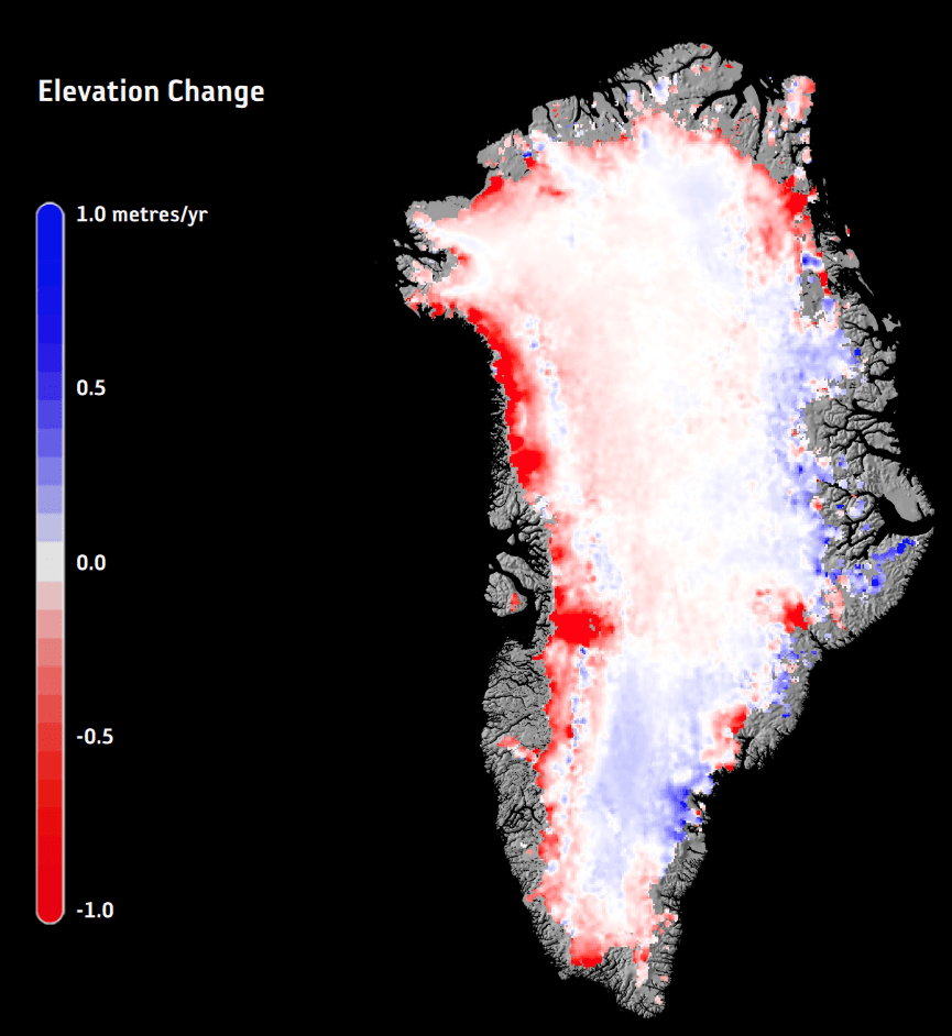 This image shows the change in Greenland ice thickness in just one year, 2015. Image Credit: ESA/Planetary Visions.
