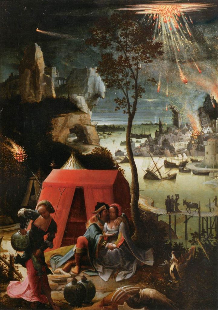 The painting "Lot and his Daughters" by Lucan van Leyden (1520) shows the cities of Sodom and Gomorrah being destroyed in the background. Image Credit: By Lucas van Leyden - Web Gallery of Art:   Image  Info about artwork, Public Domain, https://commons.wikimedia.org/w/index.php?curid=15395506