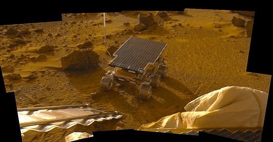 The Sol 2 "Insurance Panorama" is an 9-image mosaic showing the deployed Sojourner rover at the bottom of its exit ramp. Image Credit:  NASA - http://photojournal.jpl.nasa.gov/index.html, Public Domain, https://commons.wikimedia.org/w/index.php?curid=2154393