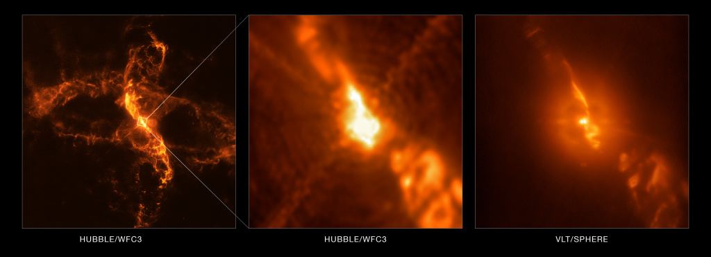 This image shows part of the wide-field observation from Hubble compared with the intricate details uncovered by the unparalleled observational capabilities of SPHERE and the VLT. Image Credit: ESO/Schmid et al./NASA/ESA
