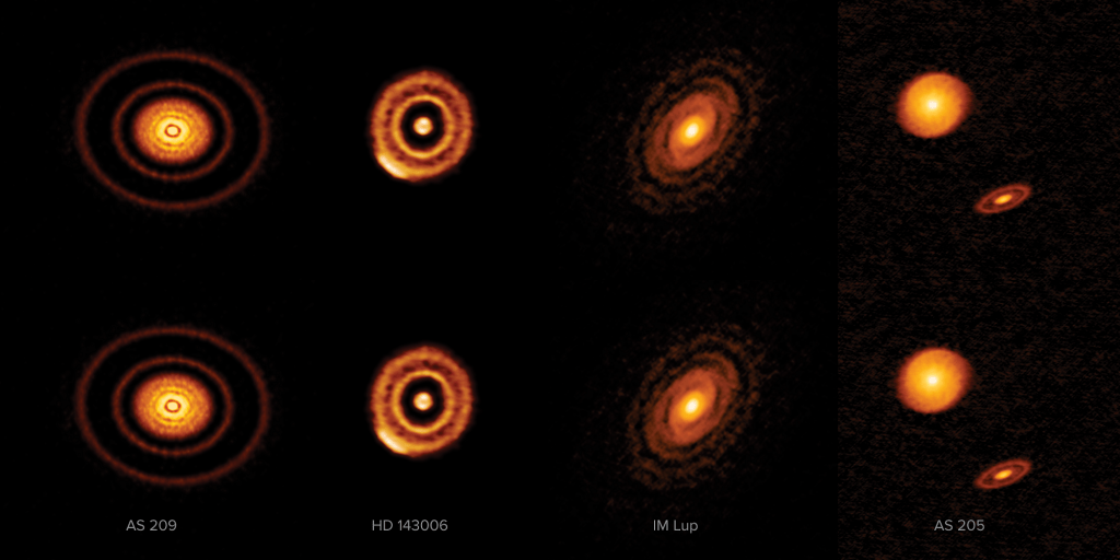 This image shows four of the many protoplanetary disks that ALMA's imaged over the years. Each gap in the disk is a planet forming. Credit: ALMA (ESO/NAOJ/NRAO) S. Andrews et al.; NRAO/AUI/NSF, S. Dagnello