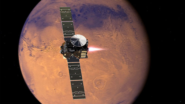 The Trace Gas Orbiter arrived at Mars in 2016. It'll act as a communications relay for the surface portion of the ExoMars program, the Rosalind Franklin Rover. Credit: ESA 