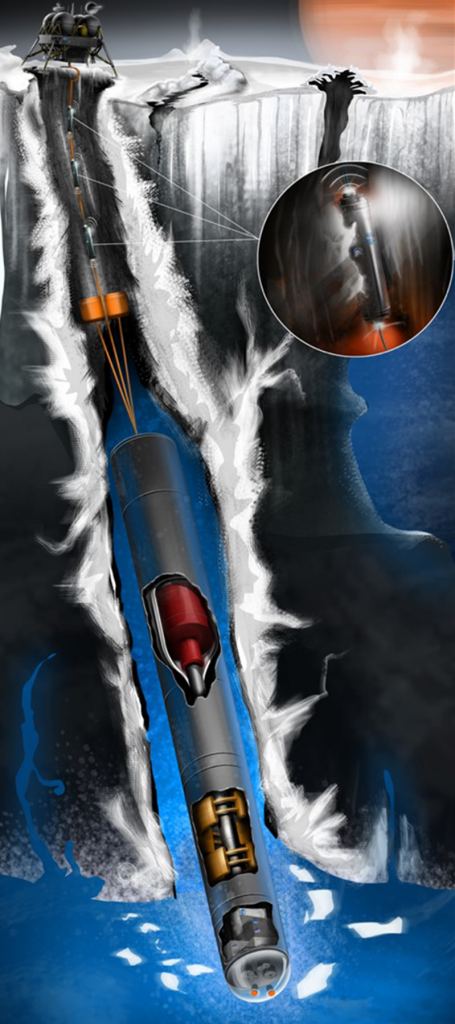 Europa is an enticing target in the search for life. Its subsurface ocean is begging to be explored. There've been many proposals on how to do that. This is an artist’s rendering of the Europa “tunnelbot,” a conceptual nuclear powered craft capable of penetrating the moon's icy crust. (Credit: Alexander Pawlusik, LERCIP Internship Program NASA Glenn Research Center)