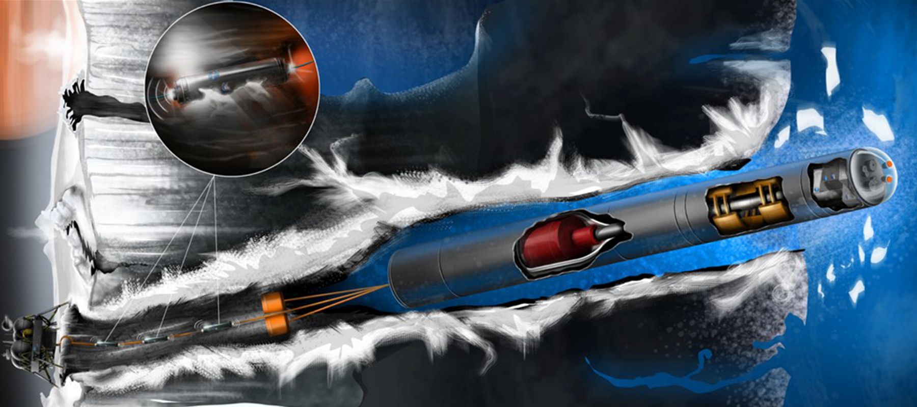 Artist’s rendering of the Europa “tunnelbot.” (Credit: Alexander Pawlusik, LERCIP Internship Program NASA Glenn Research Center)
