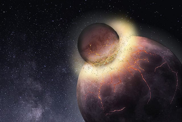 The chemicals that made life possible on Earth may have come from another planet that collided with Earth, forming the Moon. Image Credit: Rice University