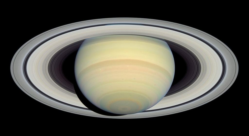 An image of Saturn's rings from the Hubble Space Telescope. The dark Cassini Division separates the wide inner B Ring and outer A ring. The less prominent C Ring is just inside the B Ring. Image Credit: NASA, ESA and E. Karkoschka (University of Arizona)