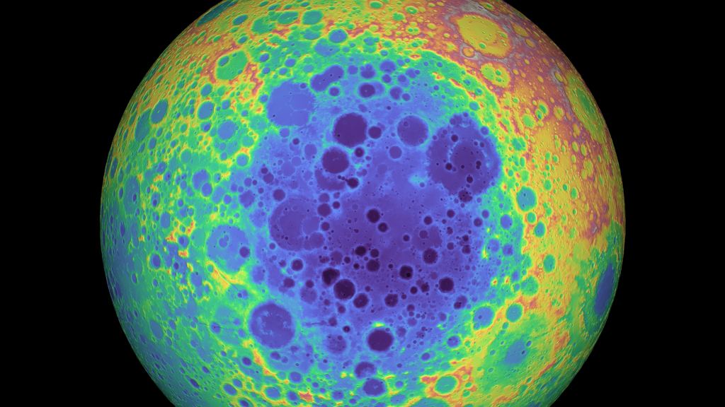 Display the lunar elevation data of the Antarctic-Aitken Basin.Image credit: NASA/GSFC/University of Arizona