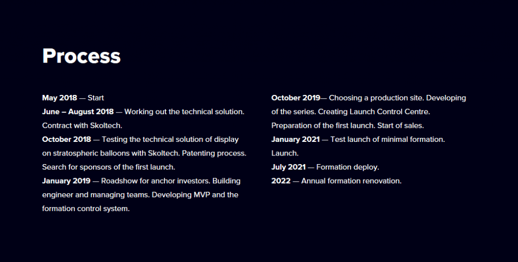 A screen capture from StartRocket's website outlining their proposed timeline for billboards in space. Image Credit: StartRocket.
