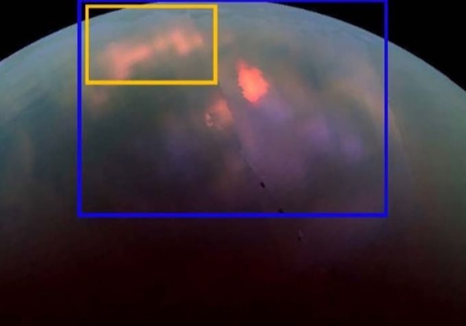 This image, called T120, was captured by Cassini's VIMS in June 2016. The BEF (Bright Ephemeral Feature) is highlighted in the yellow box. A subsequent image (not shown here) taken a year later, shows the disappearance of the BEF. Image Credit: NASA/ESA/ASI/Cassini. 