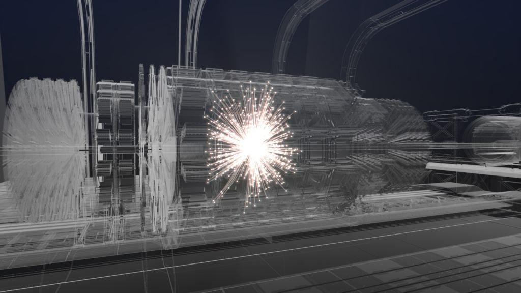 Artistic impression of a collision event at the centre of a future detector following preliminary design studies. Image Credit: CERN.