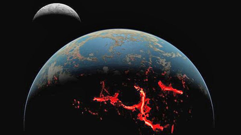 An artist's rendering of the early moon and Earth, which sustained many asteroid impacts. Many of those asteroids contributed their water to the infant Earth. As it cooled, the water outgassed as vapor and rained onto the surface. Credit: Simone Marchi (SwRI)/SSERVI/NASA