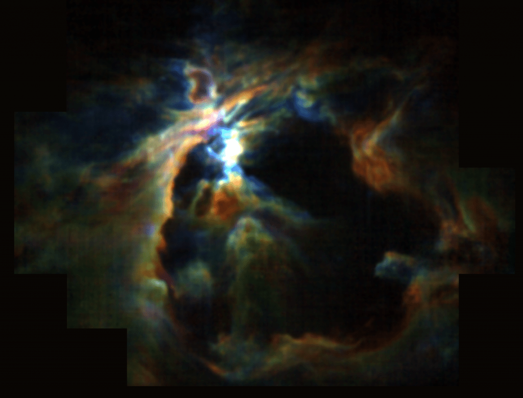 The powerful wind from the newly formed star at the heart of the Orion Nebula is creating the bubble (black) and preventing new stars from forming in its neighborhood. At the same time, the wind is pushing molecular gas (color) to the edges, creating a dense shell around the bubble where future generations of stars can form.
Credits: NASA/SOFIA/Pabst et. al