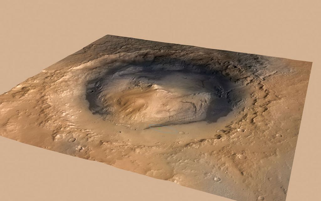 A composite image of Gale Crater and Mt. Sharp, or Aeolis Mons. The image comes from three orbiter: ESA's Mars Express Orbiter, NASA's Mars Reconnaissance Orbiter, and the Viking Orbiter. The faint green dot in the foreground of the mountain is Curiosity's landing site. Image Credit: By NASA/JPL-Caltech/ESA/DLR/FU Berlin/MSSS.