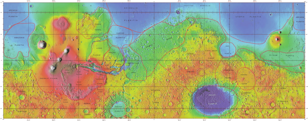 A topographical map of Mars. Acidalia Planitia is at top centre, a uniform blue area. Image Credit: By United States Geological Survey - https://planetarynames.wr.usgs.gov/images/mola_regional_boundaries.pdf, Public Domain, https://commons.wikimedia.org/w/index.php?curid=58025940