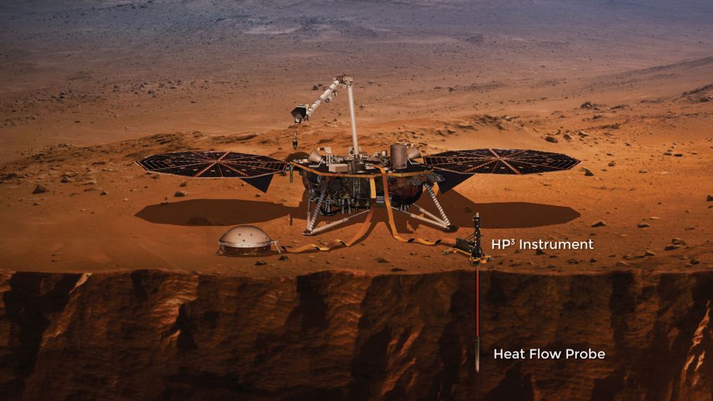 Illustration of the HP3 thermal probe deployed on Mars. Image credit: NASA / JPL.