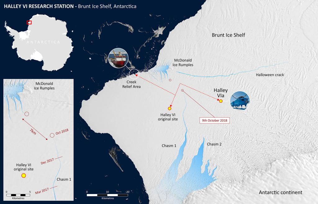 n overview of the Brunt Ice Shelf, showing the Halloween Crack, the McDonald Ice Rumples, the two sites of the Halley Research Station, and the two Chasms. Image: British Antarctic Survey.