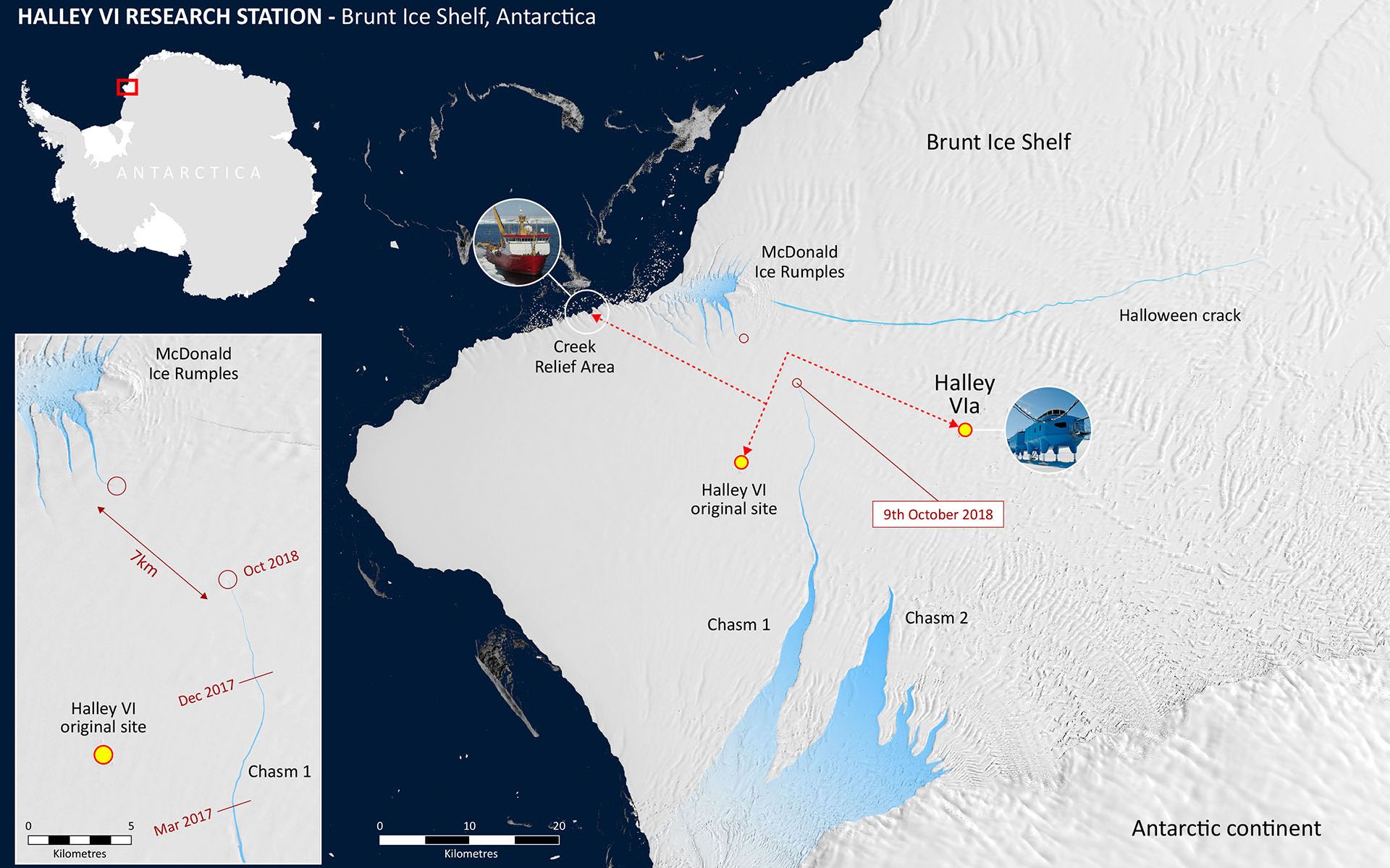 The Brunt Ice Shelf is about to calve an ice berg more than twice as large as New York City. Image: British Antarctic Survey.
