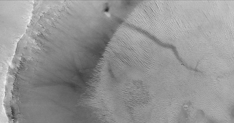 A dust devil inside a Martian crater, as imaged by the Mars Global Surveyor. The dark spot is the dust devil itself, the streak is the trail left by the devil, and the long parallel streaks are sand dunes on the floor of the crater. Image Credit: MGS/ Public Domain, https://commons.wikimedia.org/w/index.php?curid=425085