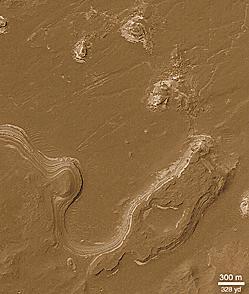 A Mars Global Surveyor image of what appeared to be sedimentary rocks. Image Credit: NASA/JPL/MGS
