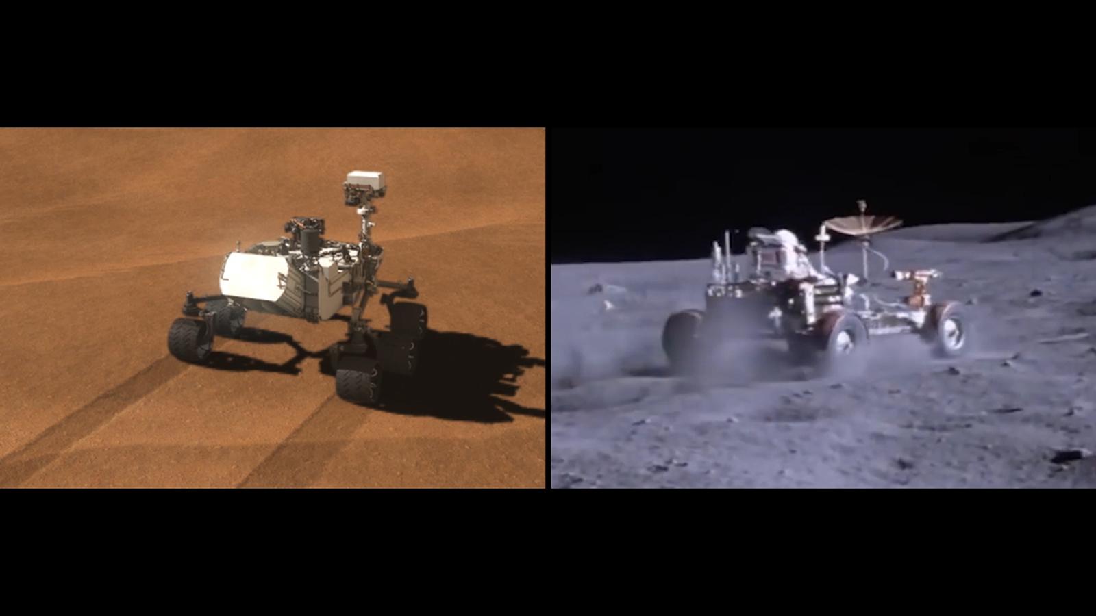 Side-by-side images depict NASA's Curiosity rover (left) and a moon buggy driven during the Apollo 16 mission. Image Credit: NASA/JPL-Caltech 