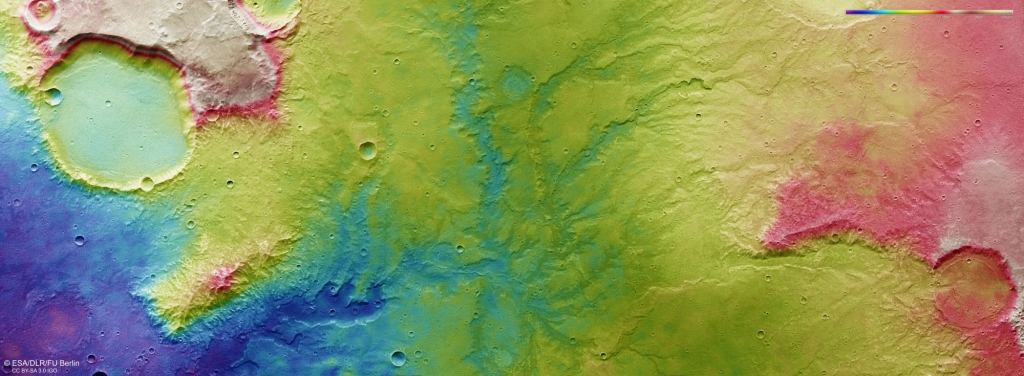 A color-coded, topographic image of the system of river valleys. Dark blue is low elevation, and red is high elevation. Image Credit: 
ESA/DLR/FU Berlin, p://www.esa.int/spaceinimages/ESA_Multimedia/Copyright_Notice_Images