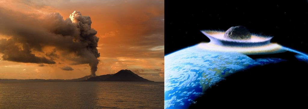 Volcano, impact, or both? The extinction debate isn't over. Image Credit: Volcano at left: By Taro Taylor edit by Richard Bartz - originally posted to Flickr as End Of Days, CC BY 2.0, https://commons.wikimedia.org/w/index.php?curid=6113476 Impact at right: By Don Davis (work commissioned by NASA) - Donald Davis' official site., Public Domain, https://commons.wikimedia.org/w/index.php?curid=1684404