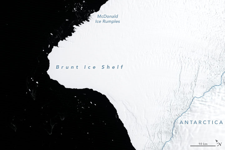 A satellite image of the Brunt Ice Shelf in 1986. Image Credit: NASA